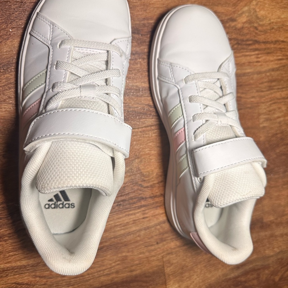adidas Kids White Sneakers with Pink and Green Accents - Picture 5 of 6